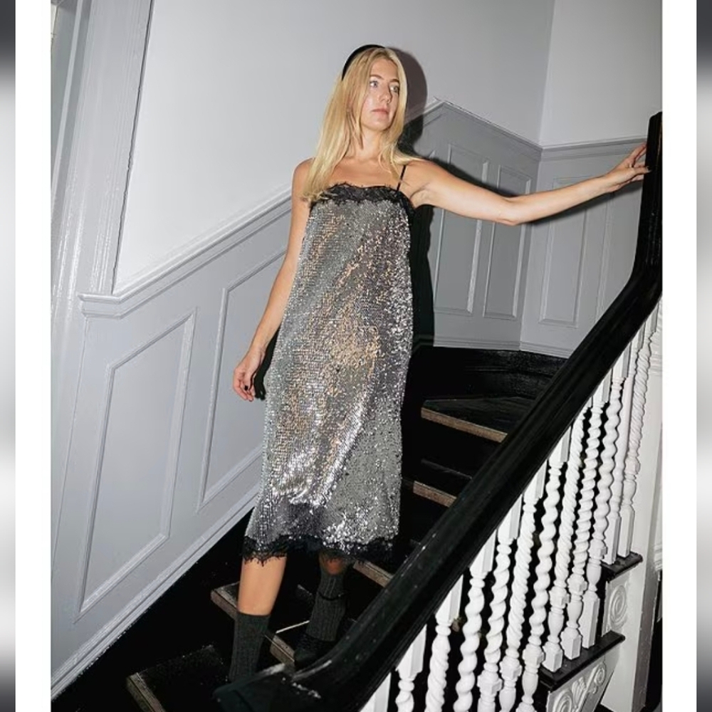 Gianni Bini × Lilly Sisto Allegra Sequin Dress With Lace Trim.